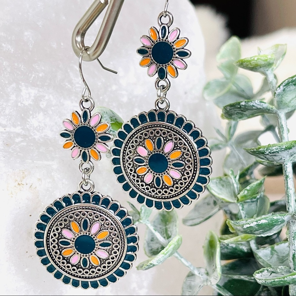 DOUBLE DROP Dangling Flower EARRINGS deep blue silver pink hanging movement - Picture 3 of 8